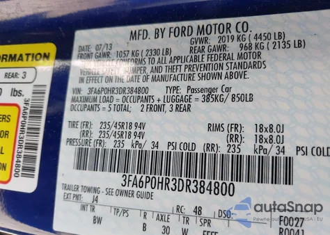 2013 Ford Fusion Se z USA, uszkodzony, nr VIN 3FA6P0HR3DR384800